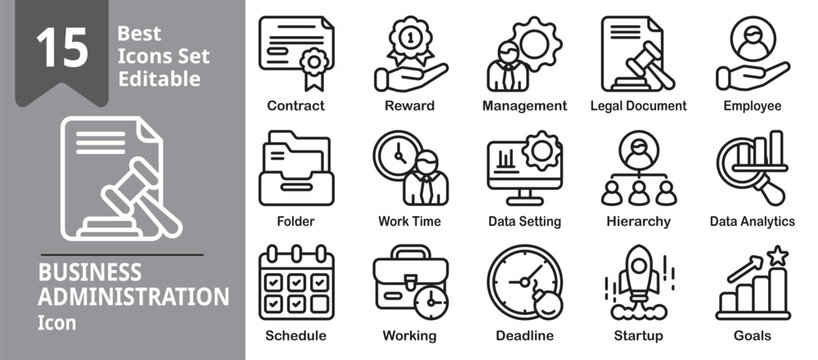 Business Administration icon set. Contains office management, documents, planning, scheduling, reporting, workflow organization, and administrative task. Editable outline vector illustration.