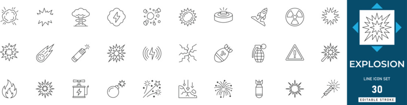 Explosion line icon set featuring bomb, blast, impact, fire, smoke, bang, and crash. Professional editable vector illustration.
