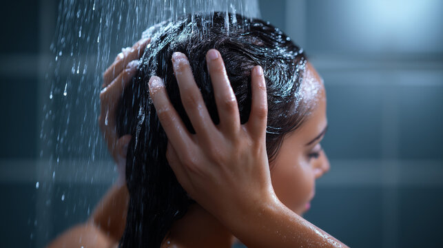 Woman washing her hair under running water in the shower, representing hygiene and daily personal care routine.