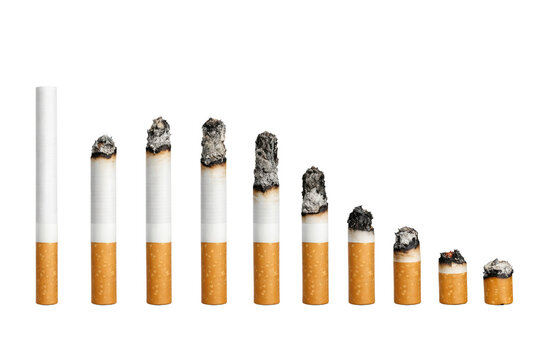 Cigarette smoking progression sequence, burning tobacco cigarettes in various stages of consumption, conceptual health risk and addiction metaphor isolated PNG with Transparent Background