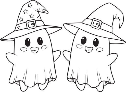 Two friendly ghosts wearing witch hats on halloween