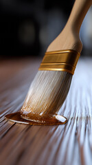 Close-up of a brush applying wood stain on a wooden surface, highlighting craftsmanship and renovation work.