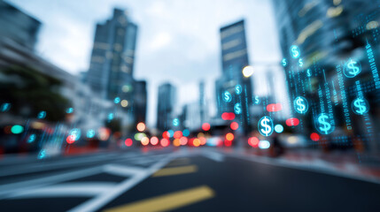 Fototapeta premium Blurred city street with dollar symbols overlay, representing finance, digital economy, and urban business activity.