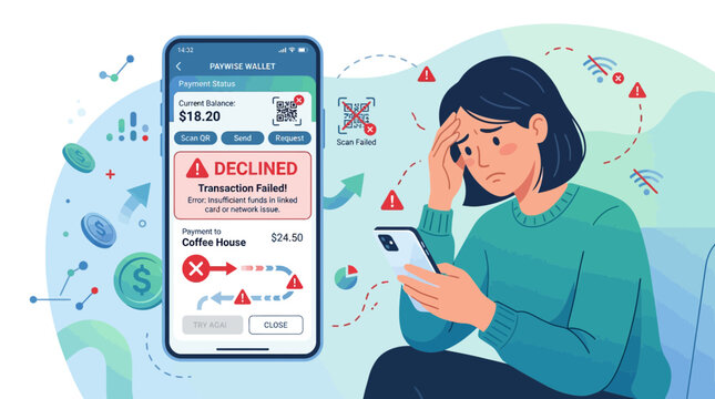 Stressed Woman Looking at Declined Payment on Smartphone App