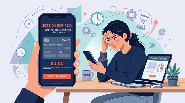 Frustrated Woman Facing Online Payment Session Timeout Error