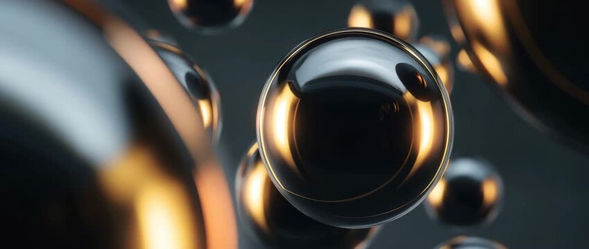 Floating black and gold glossy spheres abstract