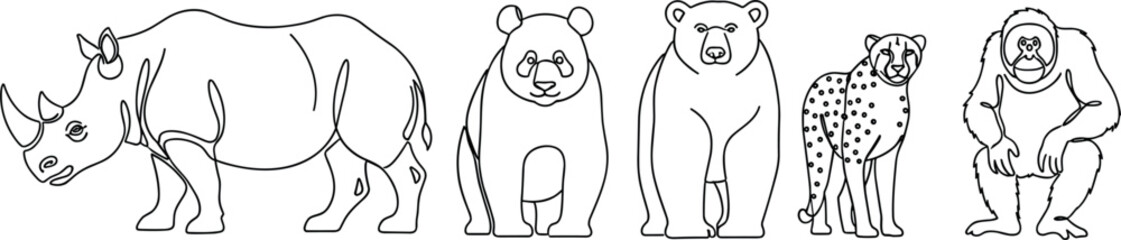 Wild animals outline vector set featuring rhinoceros bears cheetah and gorilla minimal line art illustration collection © Jesika!