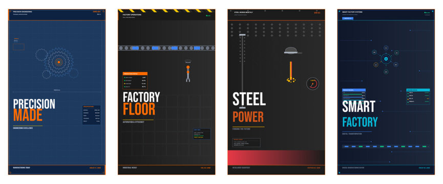 Manufacturing poster design, industrial advertisement layout, factory magazine cover, production flyer template, engineering brochure visual, steel works editorial, automation marketing banner