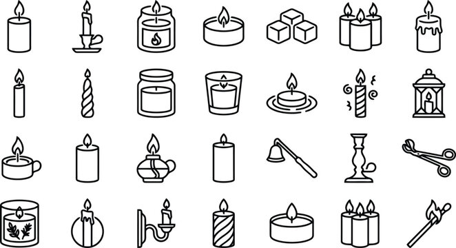 Candle Icons Collection: An extensive collection of candle icons in various styles, showcasing the diversity of candle designs, from classic tapers to ornate candelabras.