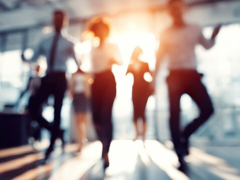 corporate team trust exercise on a blured office background with natural sunlight