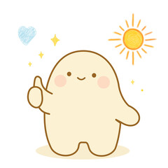 Obraz premium Cute Ovallie vector character showing thumb up gesture with sun and heart, success and good mood concept.