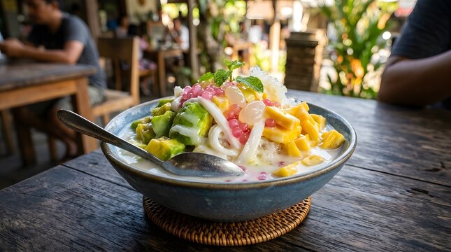 A vibrant bowl of Indonesian Es Campur dessert with avocado, jackfruit, and sago pearls on a rustic wooden table in an outdoor cafe setting.