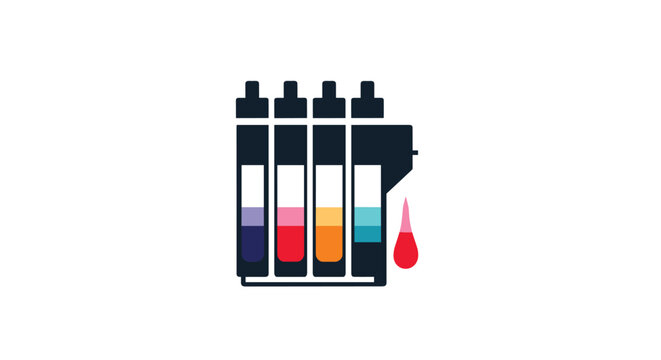 Printer ink supply system showing four primary color tanks with a single red droplet representing professional printing quality.