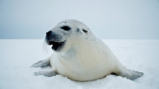 A cute baby harp seal pup with white fur lies on a vast expanse of snow, vocalizing with its mouth open in a cold, arctic environment.