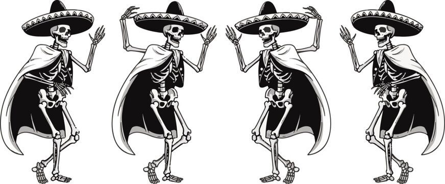 Four skeleton mariachi musicians in sombreros playing instruments