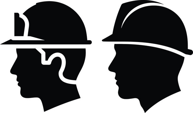 Construction worker and engineer profile silhouette icons set with hard hat or safety helmet.