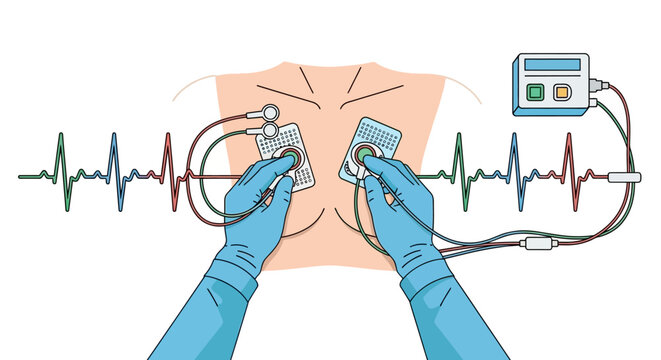 Vector illustration of emergency cardiac care. Hands apply defibrillator pads to a patient's back for heart rhythm monitoring, with an ECG waveform