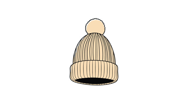 Warm knitted winter beanie hat in a soft beige color featuring a fluffy pom-pom and a thick folded brim for cold weather protection and style.