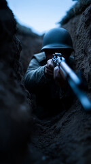 Obraz premium Soldier aiming rifle from a trench with intense focus during a military operation in a battlefield environment. 