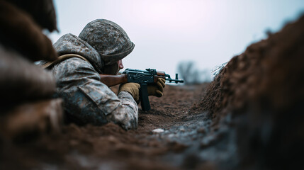 Obraz premium Soldier aiming rifle from a trench with intense focus during a military operation in a battlefield environment. 