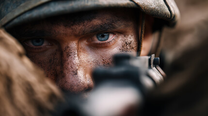 Obraz premium Close-up of a soldier aiming a rifle with intense focus, face covered in dirt and wearing tactical gear. 