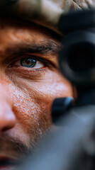 Obraz premium Close-up of a soldier aiming a rifle with intense focus, face covered in dirt and wearing tactical gear. 