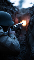 Obraz premium Soldier aiming rifle from a trench with intense focus during a military operation in a battlefield environment. 