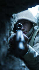 Obraz premium Soldier aiming rifle from a trench with intense focus during a military operation in a battlefield environment. 