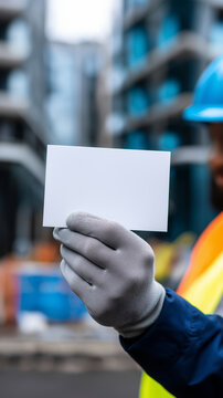 Construction worker in safety gear holding a blank card mockup for advertising or informational purposes. 