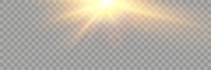 Naklejka premium Golden sun rays and lens flare glowing from top on transparent background for realistic sunlight effect isolated radiant sunbeam illumination glare wide banner starburst design element