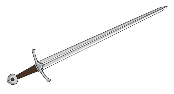 Long medieval European sword with a straight steel blade a crossguard and a brown leather grip shown as a historical weapon or prop.