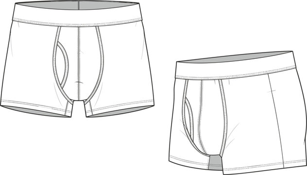 Men boxer briefs underwear technical fashion sketch front and side view vector illustration template isolated on white background.