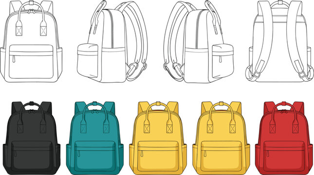 Technical fashion flat collection of backpack vectors featuring multiple views and a variety of colors for school travel accessories design tech pack template on white background.