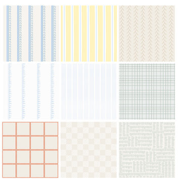 Collection of seamless vector patterns with vertical stripes, dashed stitched lines and check grid variation in soft and muted colors. Includes simple geometric and minimal textile designs suitabl