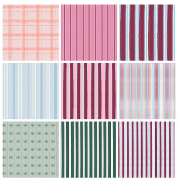Collection of seamless vector patterns with vertical stripes, dashed stitched lines and check grid variation in soft and muted colors. Includes simple geometric and minimal textile designs suitabl