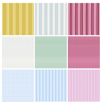 Collection of seamless vector patterns with vertical stripes, dashed stitched lines and check grid variation in soft and muted colors. Includes simple geometric and minimal textile designs suitabl