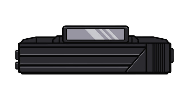 Vintage black cassette tape player or electronic device component shown from the front in a detailed flat vector illustration.