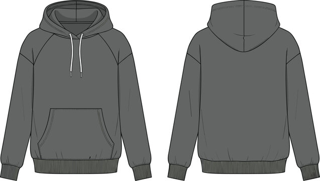 Technical fashion flat of a gray raglan hoodie vector illustration featuring front and back views for clothing design apparel tech pack and streetwear mockup on white background.