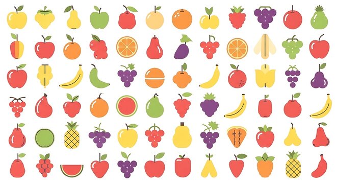 Colorful fruit icons on white.