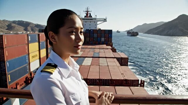 Female captain on cargo ship deck overlooking ocean