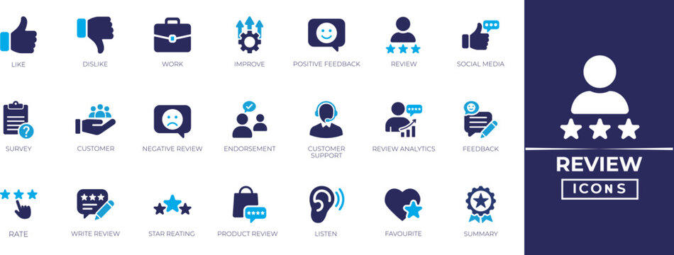Review solid icon set. Containing satisfaction, feedback, rating, testimonial, comment, opinion, like, customer, and recommend vector icons collection.