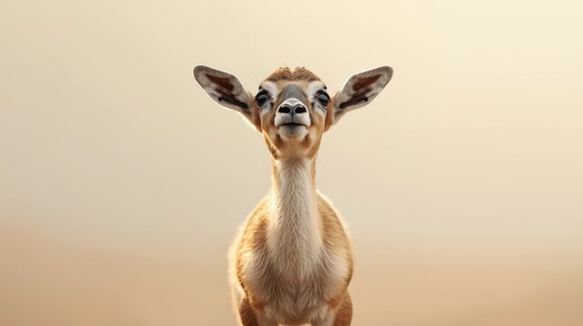 Baby saiga antelope with large dark eyes stares forward with curious expression in desert landscape
