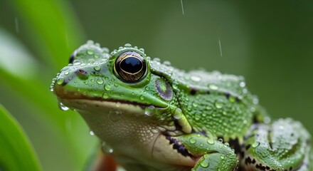 Obraz premium Close-up Macro Shot of a Green Frog in the Rain.