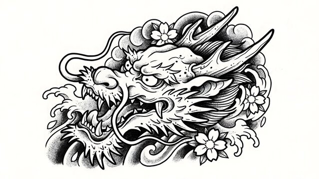 Traditional Japanese dragon head illust n with waves clouds and cherry blossoms designed for tattoo art