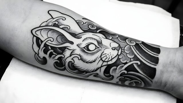 Japanese style rabbit tattoo with waves and clouds inked on a forearm