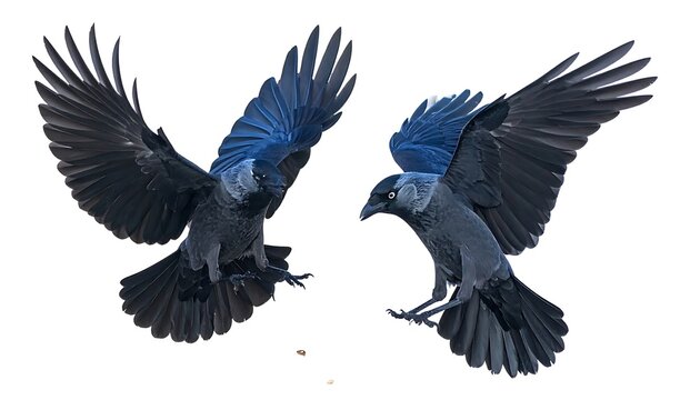 Two jackdaws in flight, wings outstretched, isolated against a white background, one descending with food