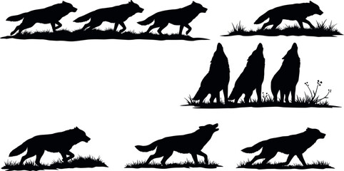 Wolf silhouette collection with running walking and howling wild wolves in grass wildlife predator vector illustration set © Jesika!