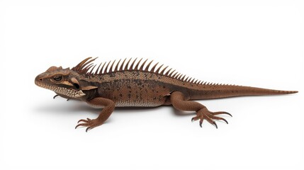 Fototapeta premium Thorny devil lizard in full body view isolated on white background showing spiky back and claws brown and dark brown colors