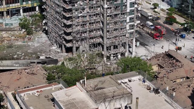 Aerial view Ramat Gan Iranian missile strike destruction Israel

Drone footage showing heavy structural damage from missile impact in Ramat Gan Israel June 13 2025
