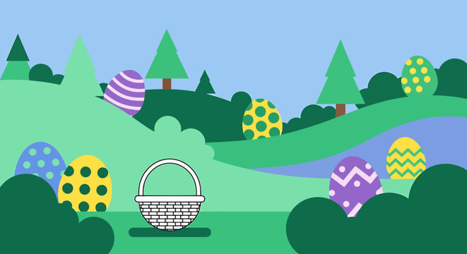easter egg hunt illustration with colorful eggs and an empty basket in a vibrant spring landscape of rolling green hills.